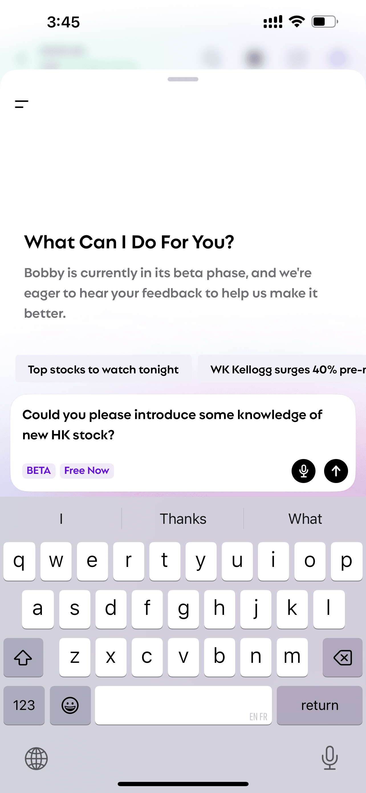 The screen of Bobby when asked "knowledge of new hk stock"