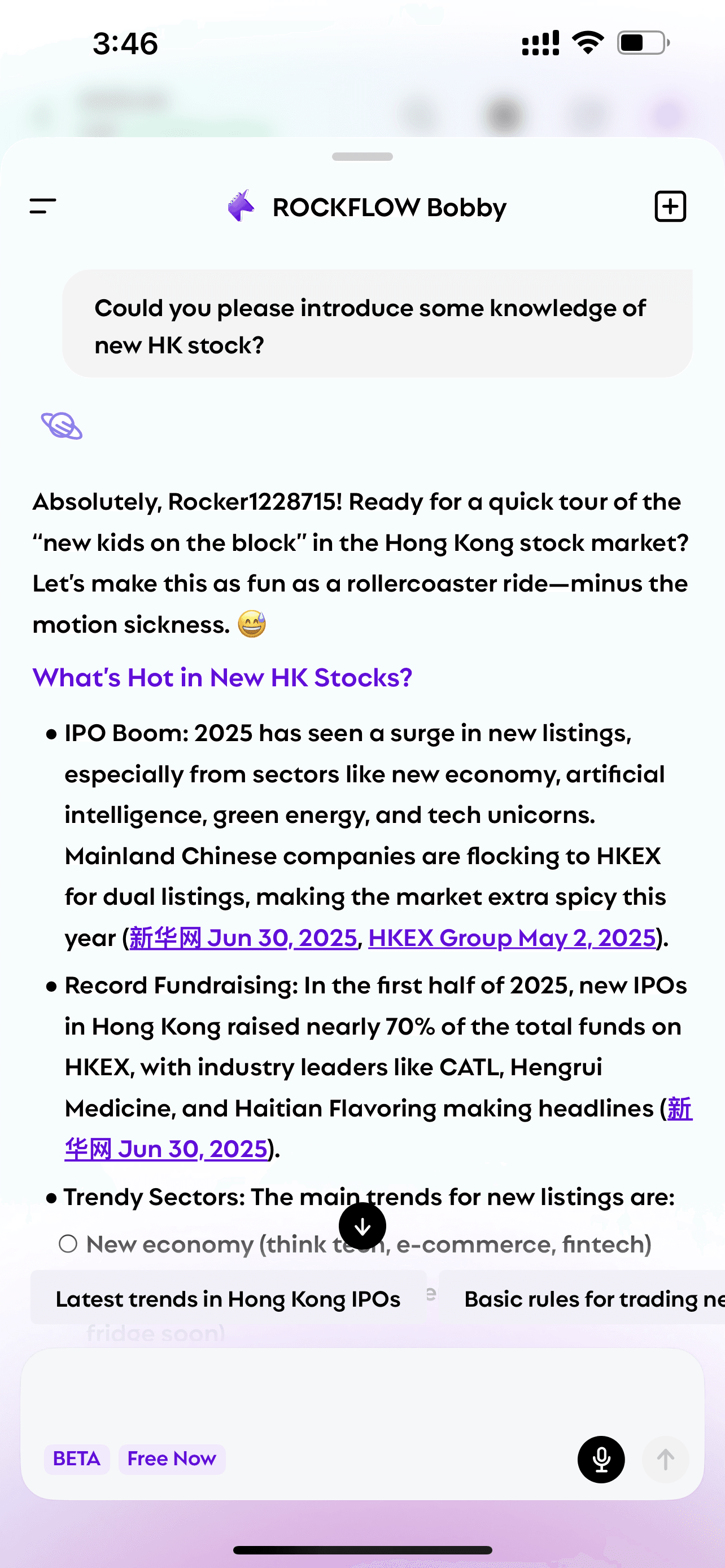 User asks Bobby "knowledge of new hk stock" and Bobby explains