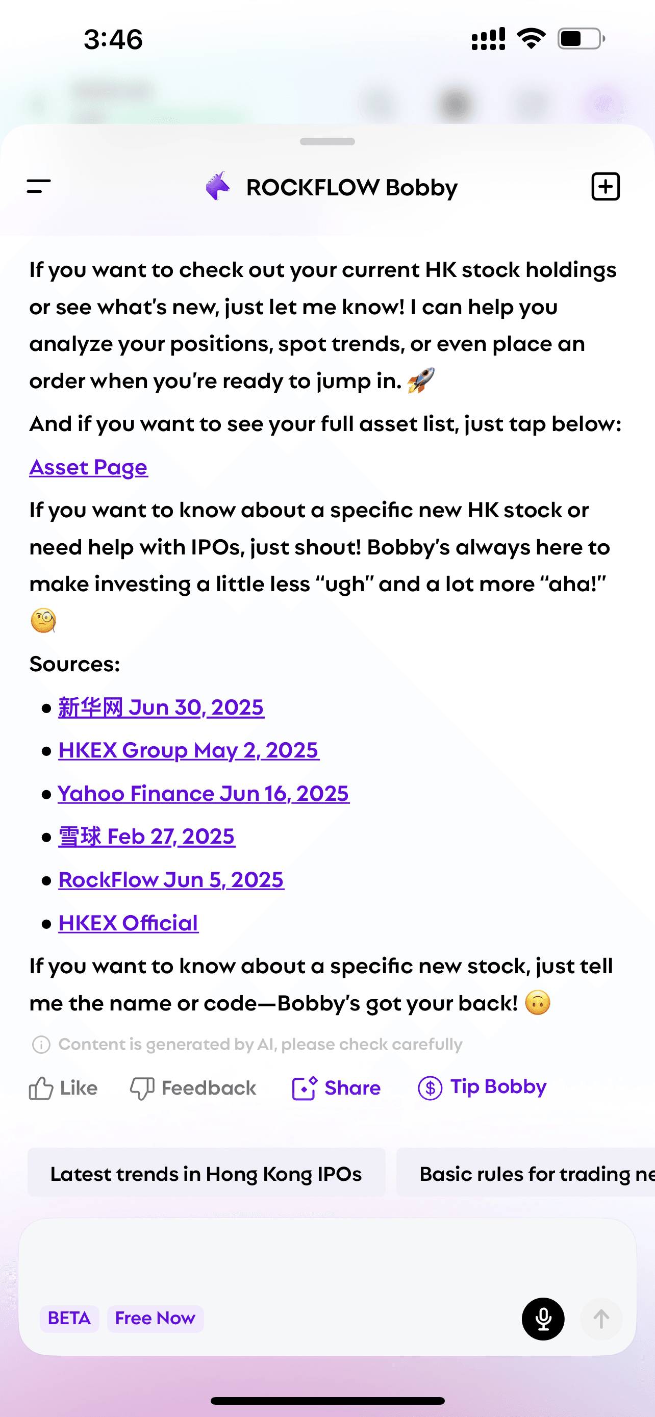 User asks Bobby "knowledge of new hk stock" and Bobby explains