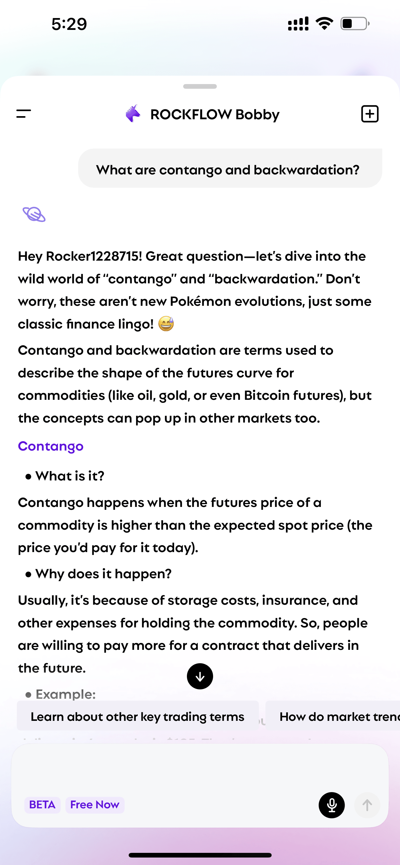 User asks Bobby "what are contango and backwardation" and Bobby explains
