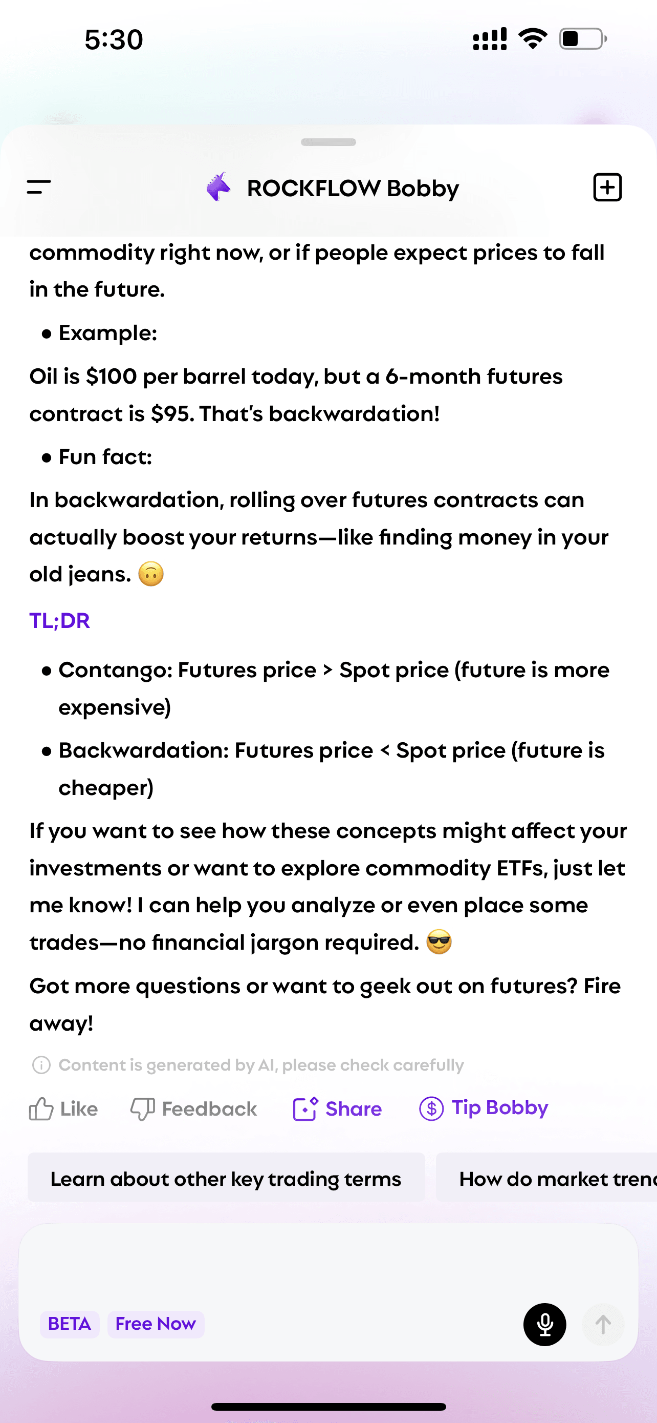 User asks Bobby "what are contango and backwardation" and Bobby explains