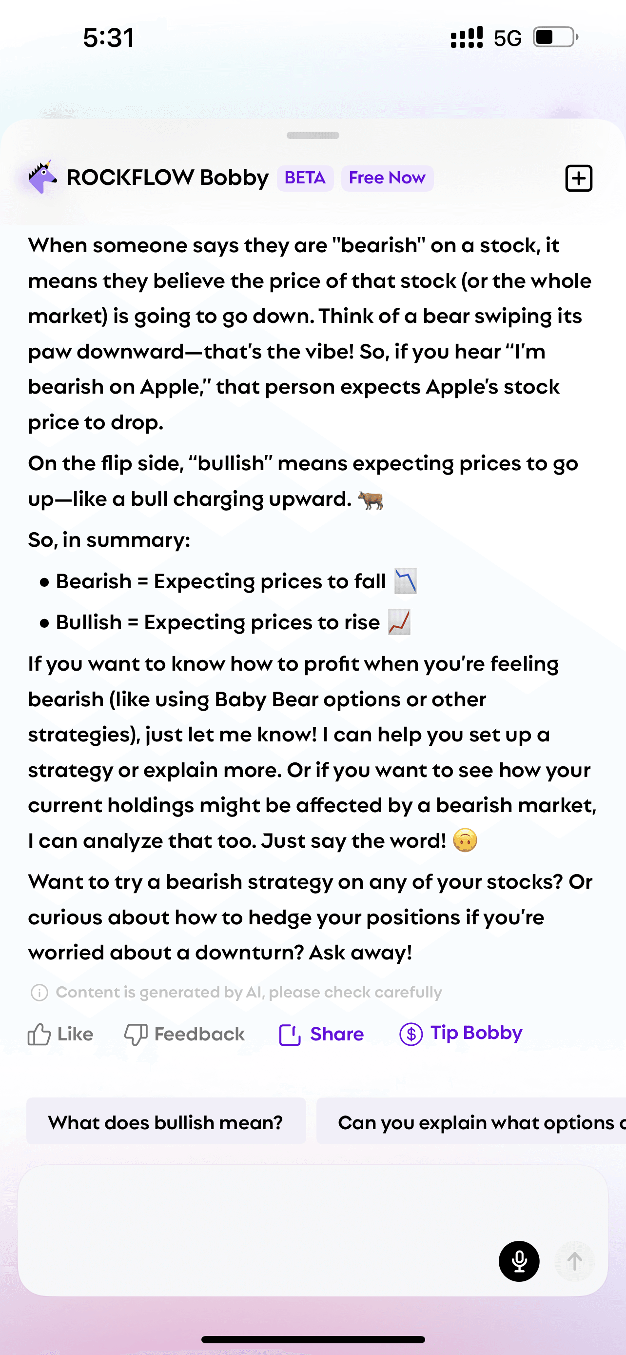 User asks Bobby "what does bearish mean" and Bobby explains