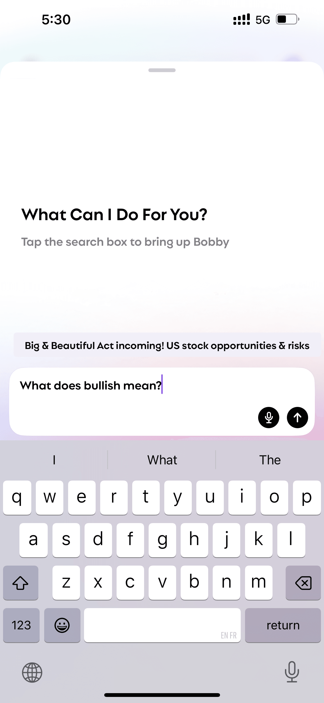 The screen of Bobby when asked "what does bullish mean"