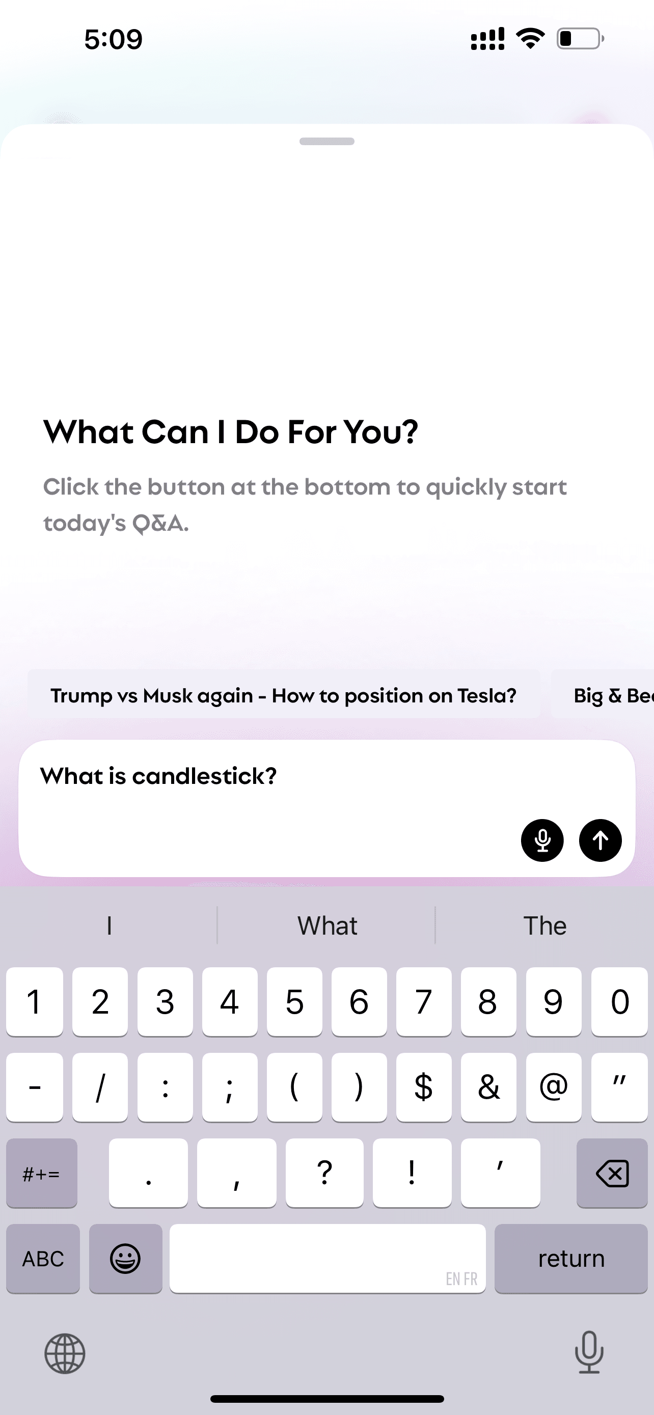 The screen of Bobby when asked "what is candlestick"
