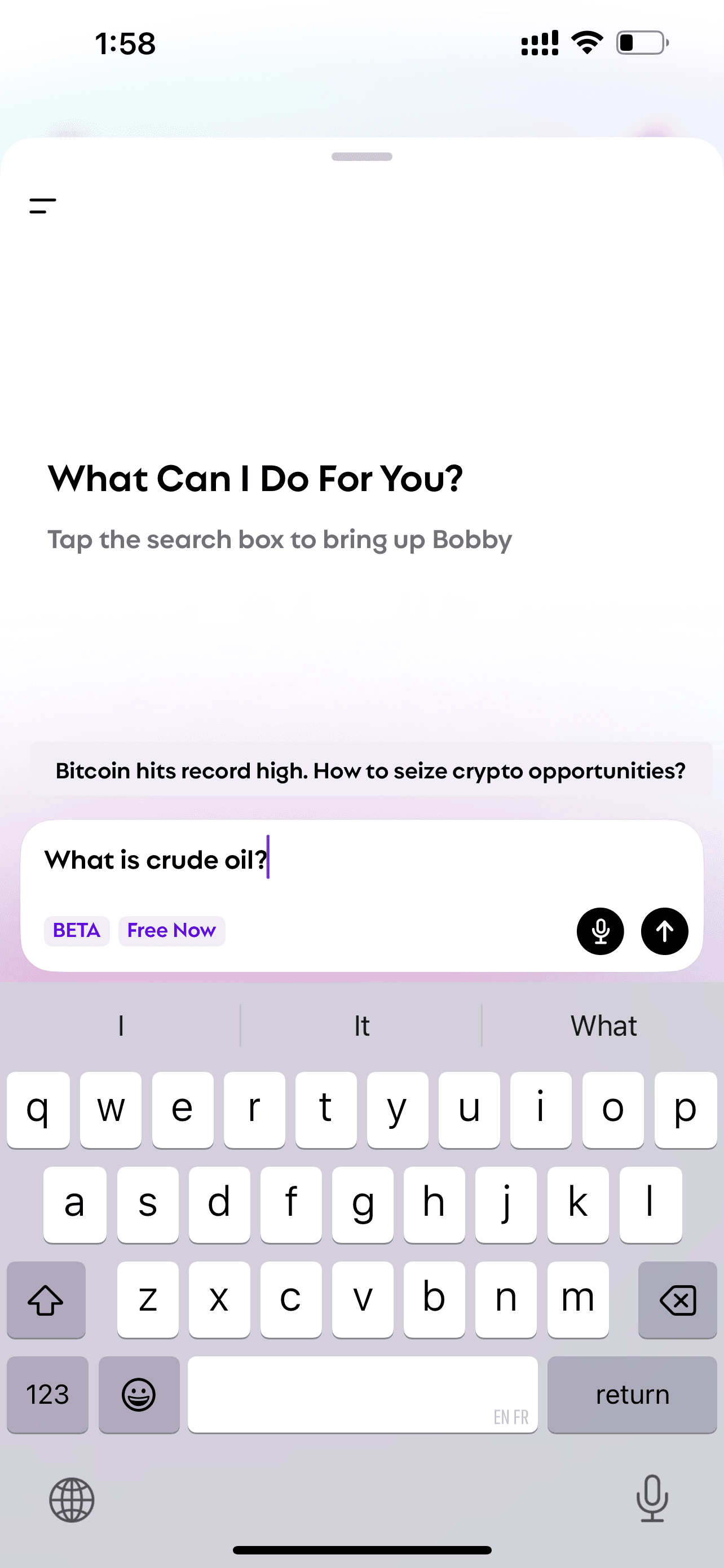 The screen of Bobby when asked "what is crude oil"