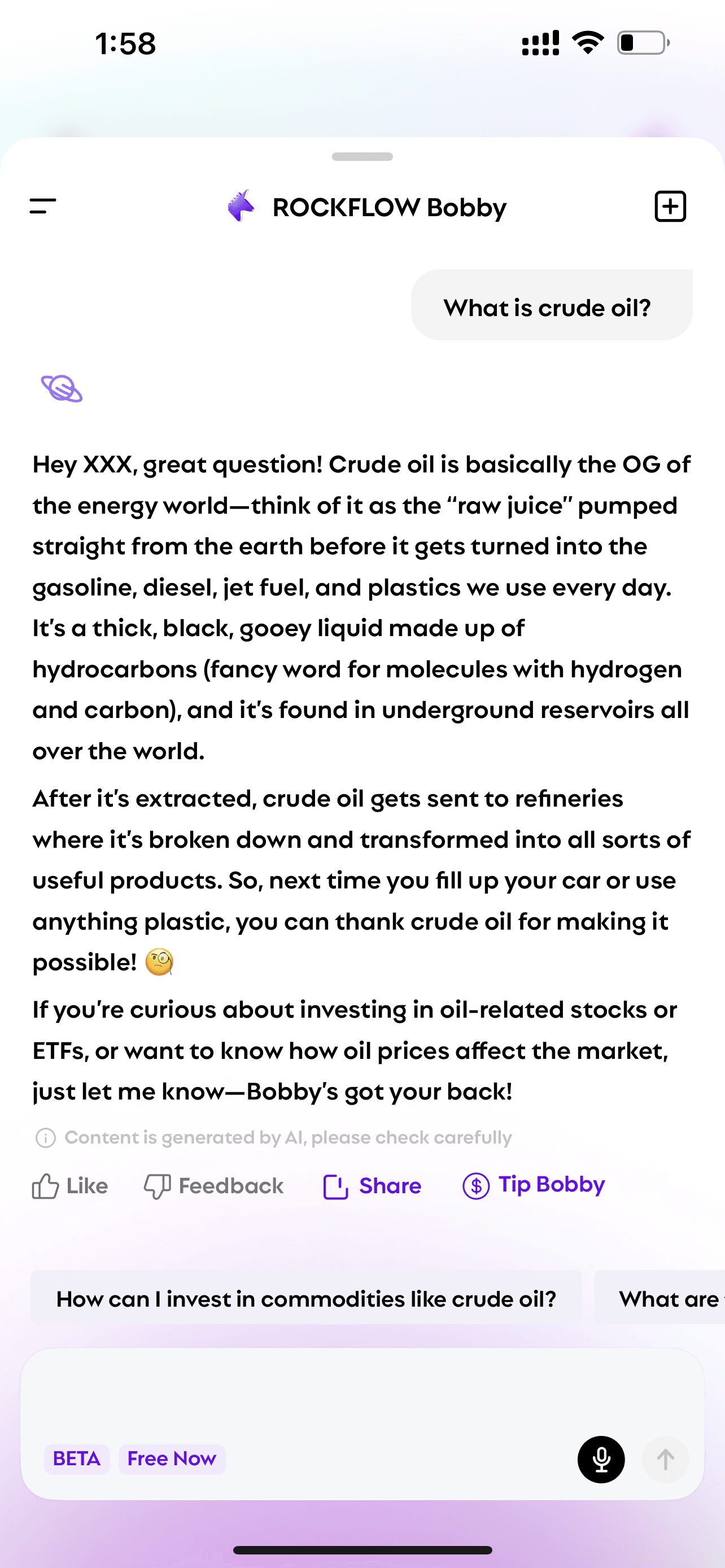 User asks Bobby "what is crude oil" and Bobby explains