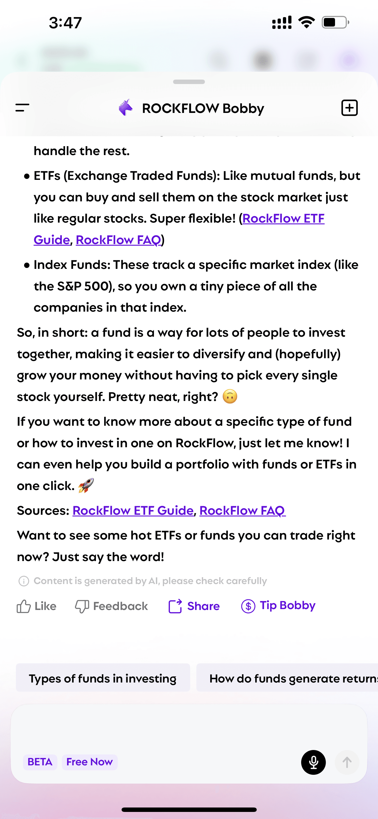 User asks Bobby "what is fund" and Bobby explains