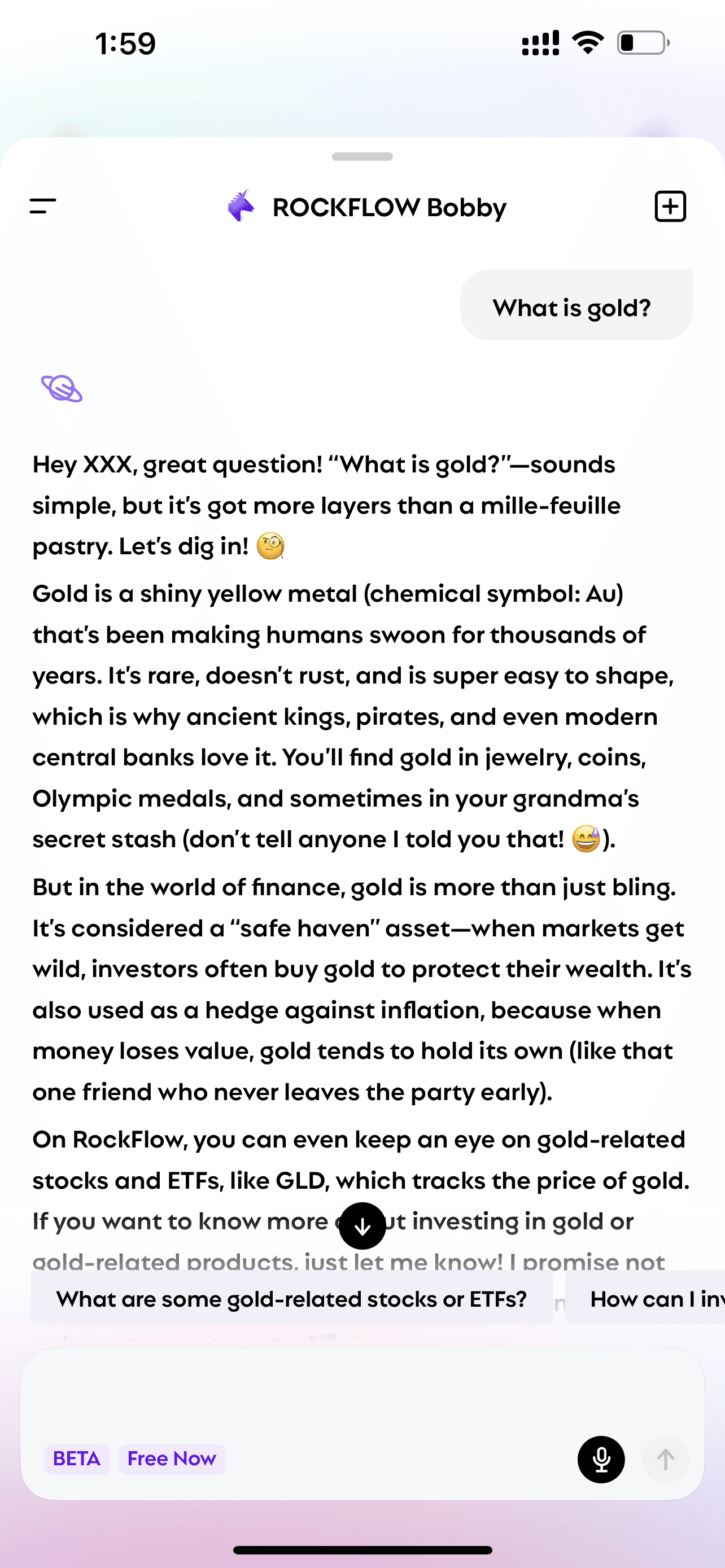 User asks Bobby "what is gold" and Bobby explains