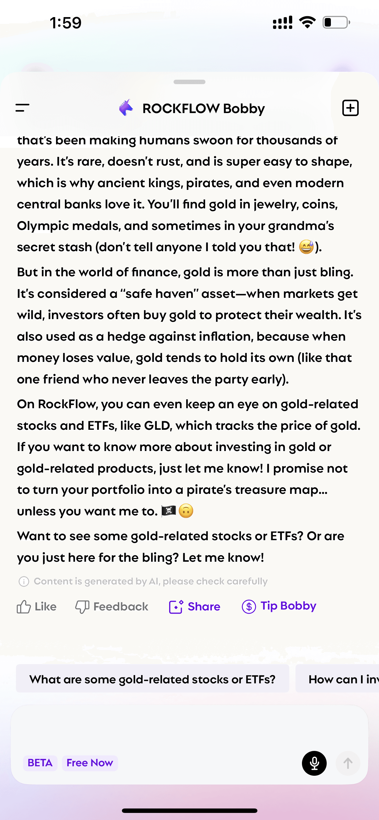 User asks Bobby "what is gold" and Bobby explains