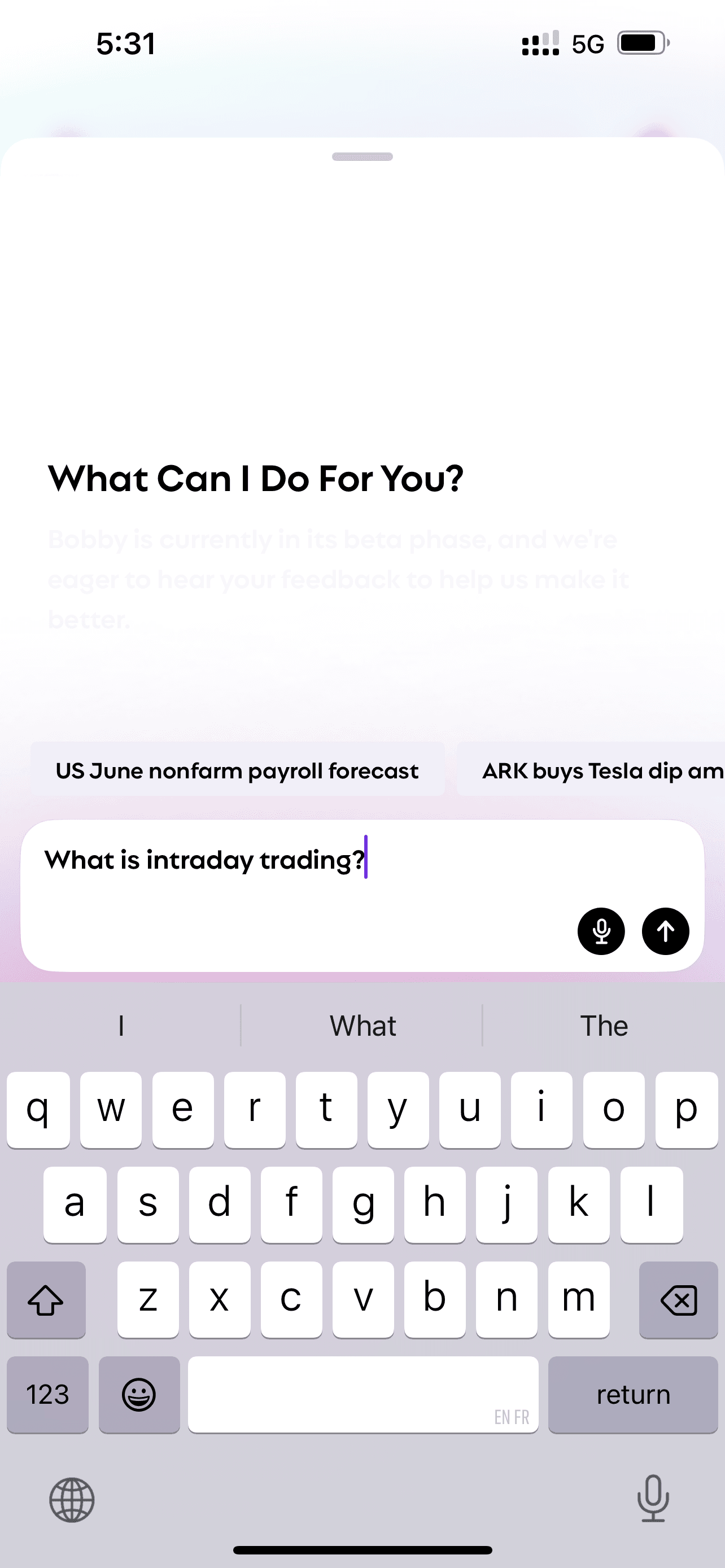 The screen of Bobby when asked "what is intraday trading"