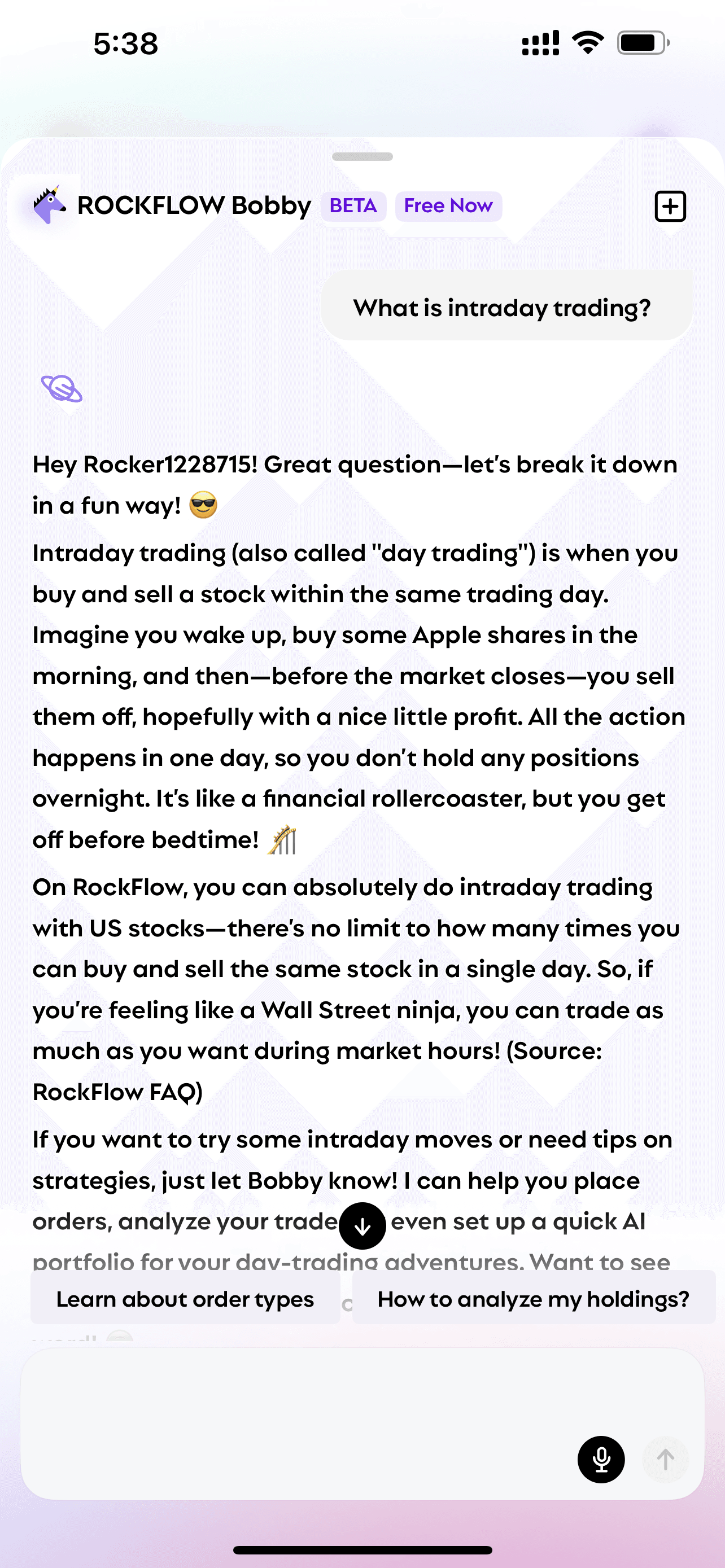 User asks Bobby "what is intraday trading" and Bobby explains