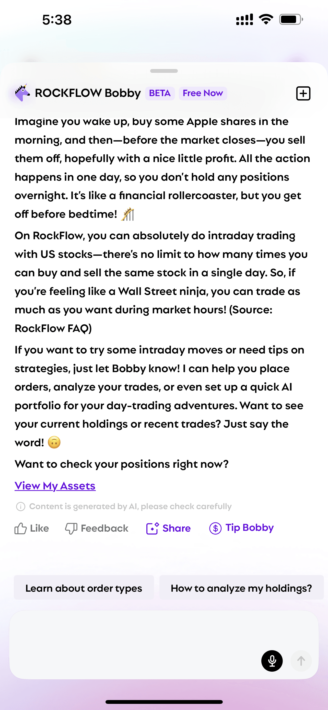 User asks Bobby "what is intraday trading" and Bobby explains