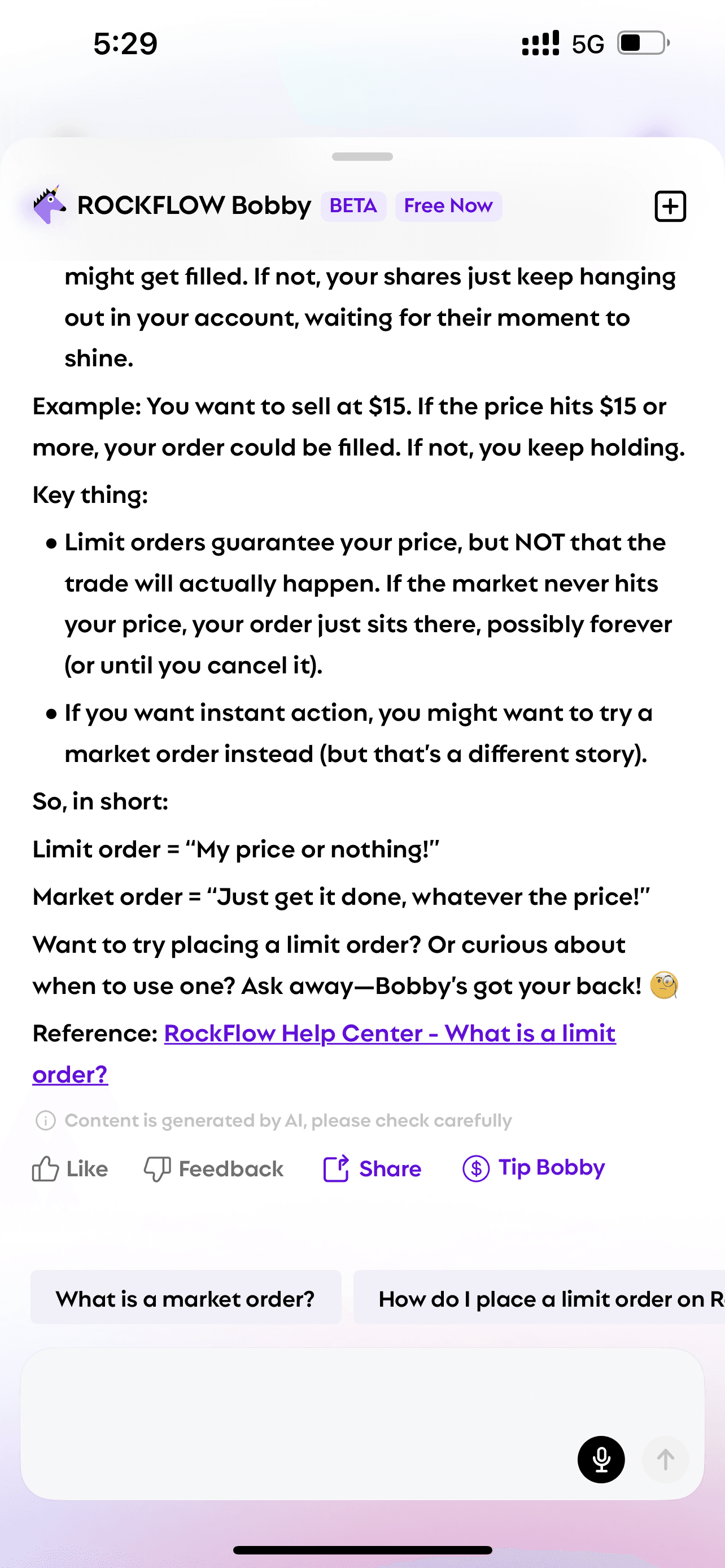 User asks Bobby "what is limit order" and Bobby explains
