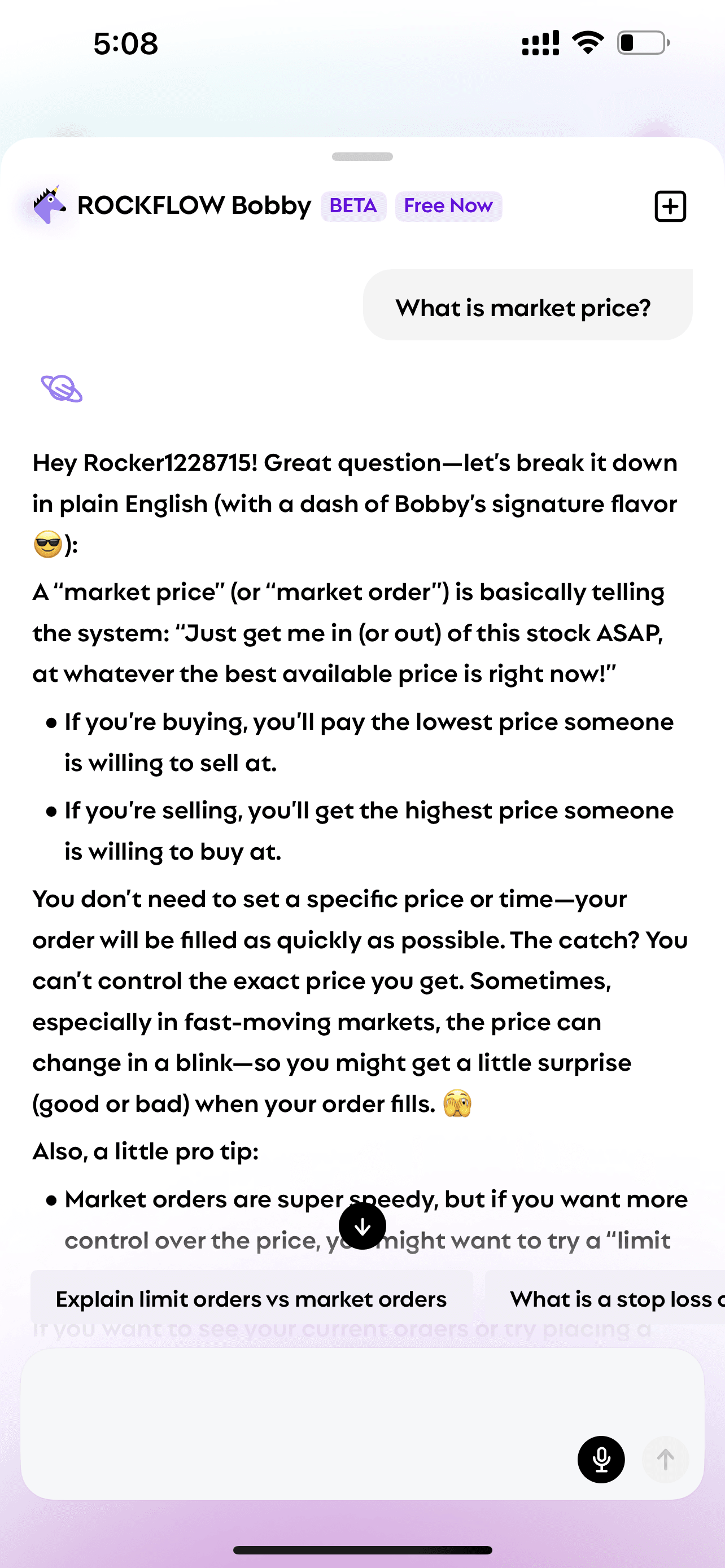 User asks Bobby "what is market price" and Bobby explains
