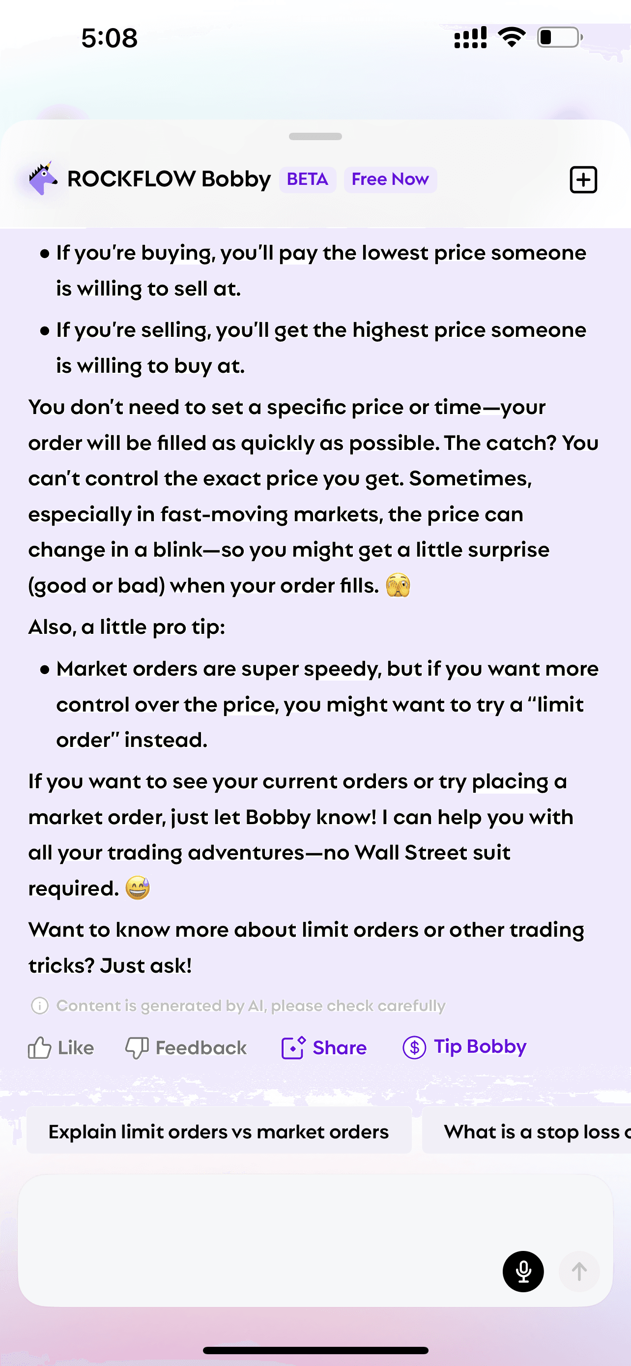 User asks Bobby "what is market price" and Bobby explains