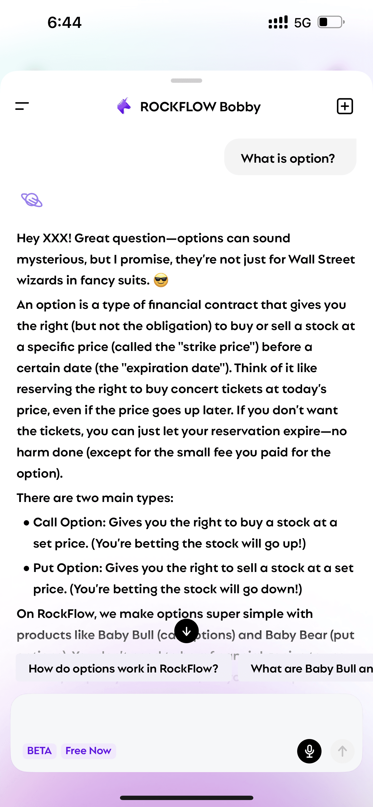 User asks Bobby "what is option" and Bobby explains