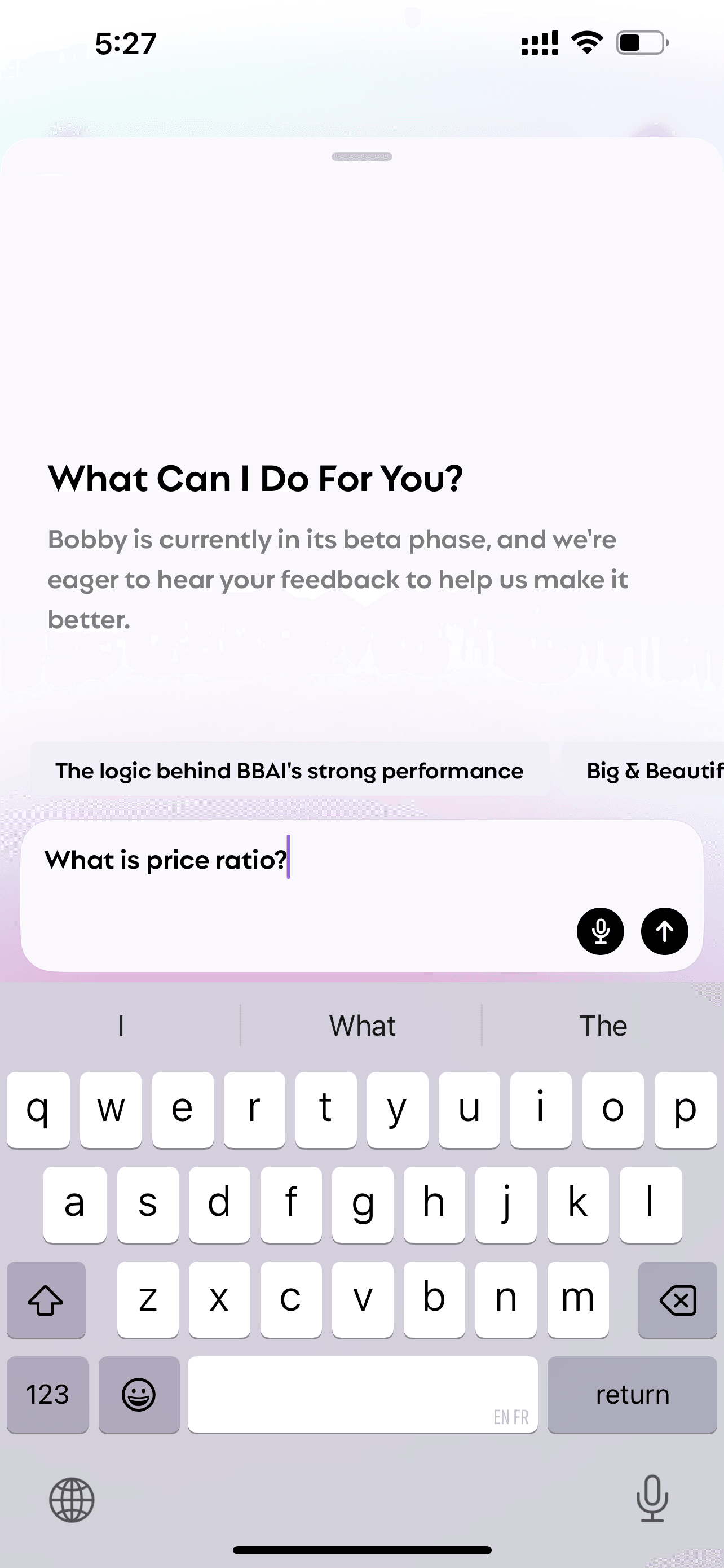 The screen of Bobby when asked "what is price ratio"