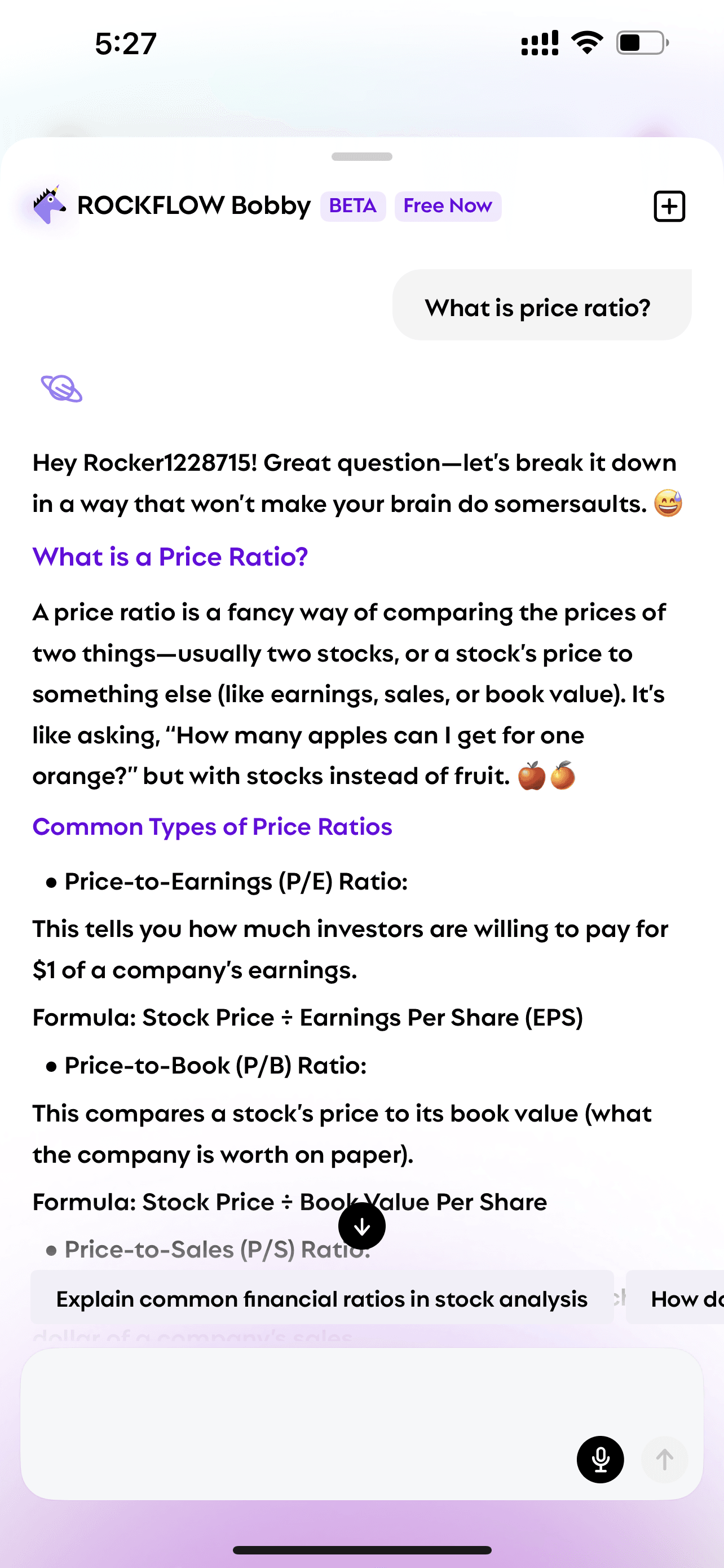 User asks Bobby "what is price ratio" and Bobby explains