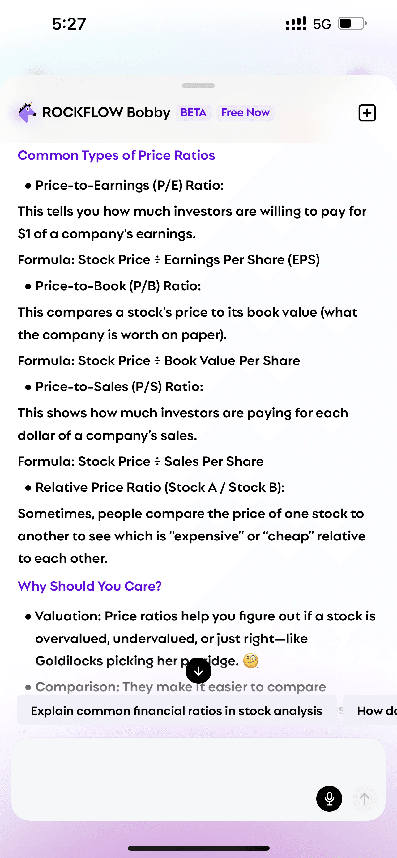 User asks Bobby "what is price ratio" and Bobby explains