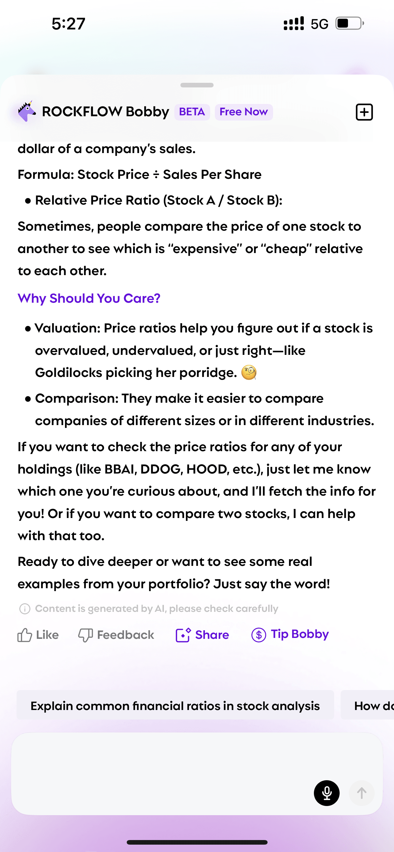 User asks Bobby "what is price ratio" and Bobby explains