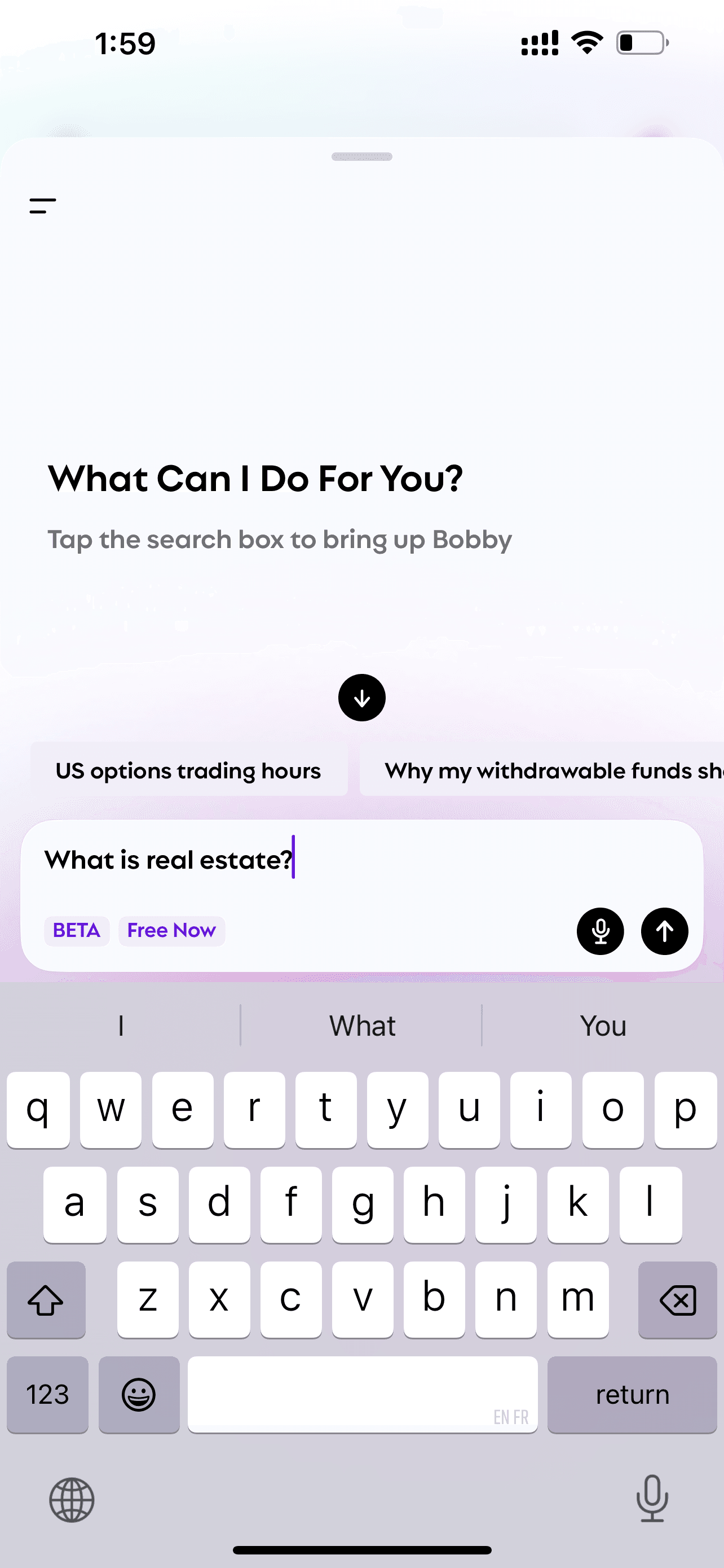 The screen of Bobby when asked "what is real estate"