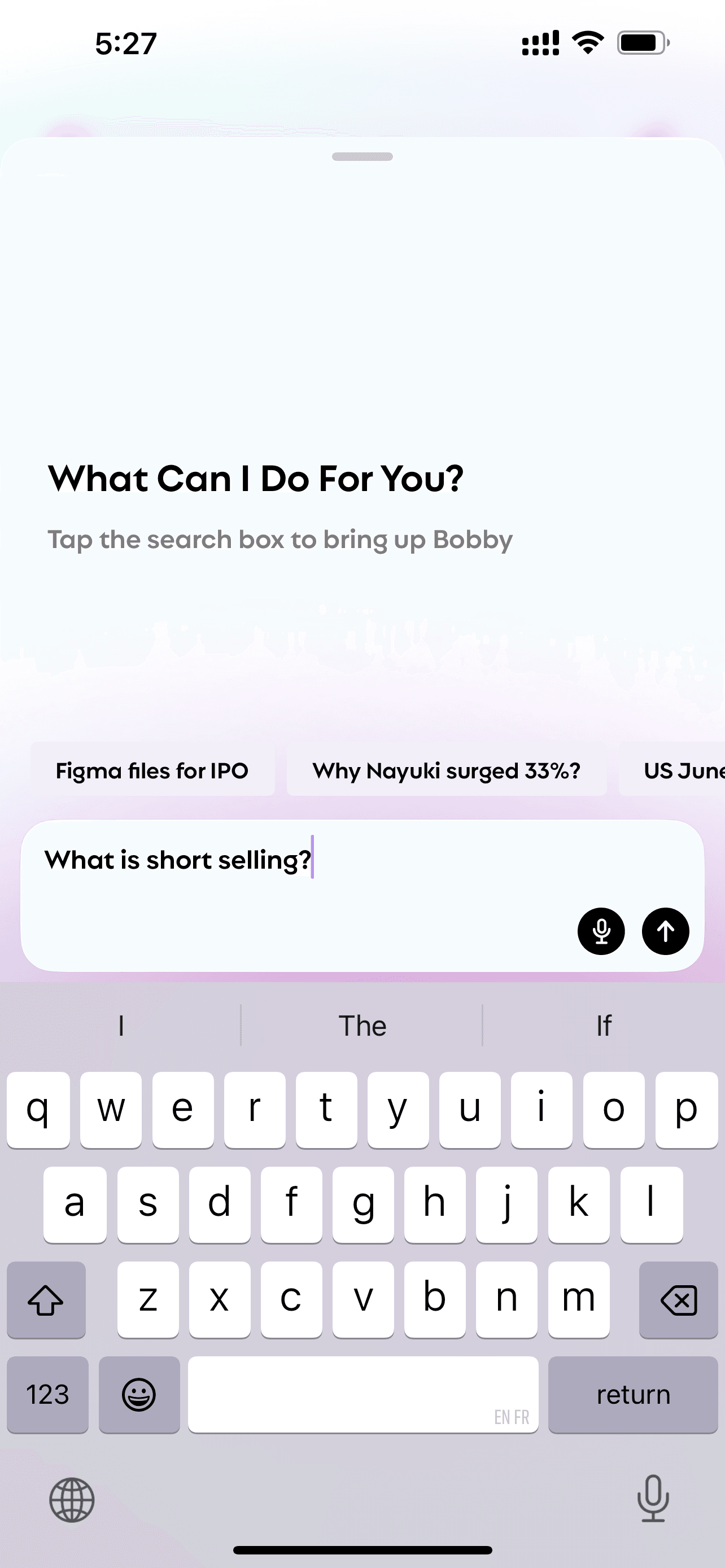 The screen of Bobby when asked "what is short selling"