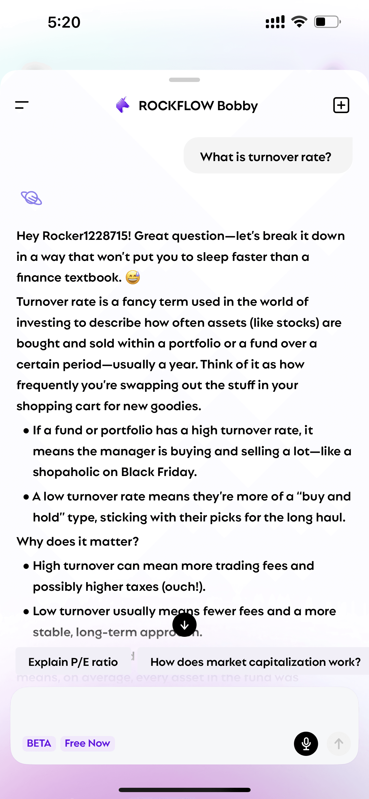 User asks Bobby "what is turnover rate" and Bobby explains