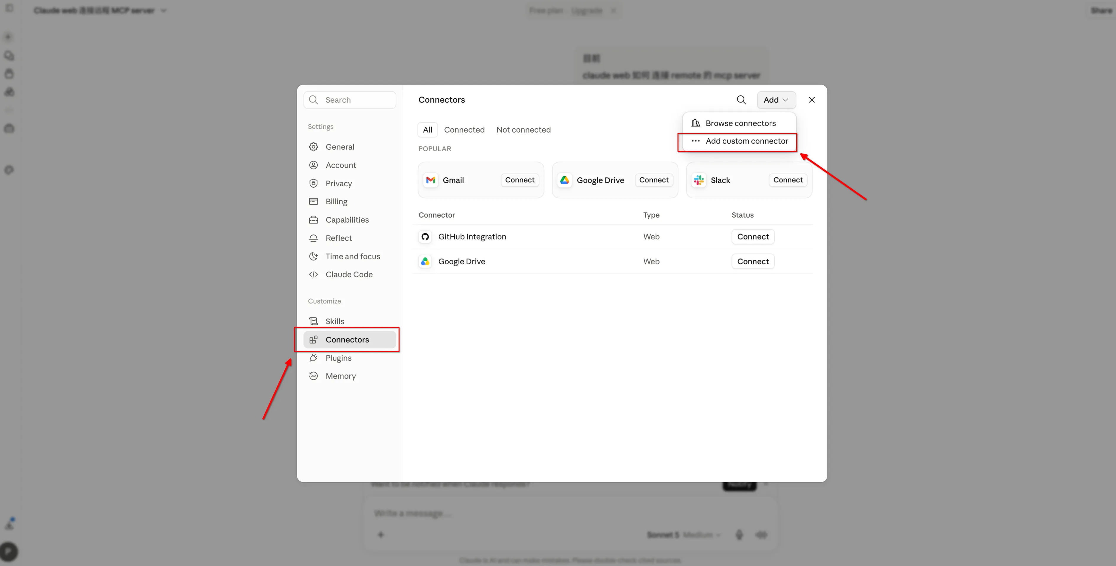 Claude web: Settings → Connectors → Add custom connector